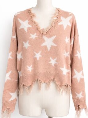 UK2LA Blush and White Distressed Star V-Neck Sweater